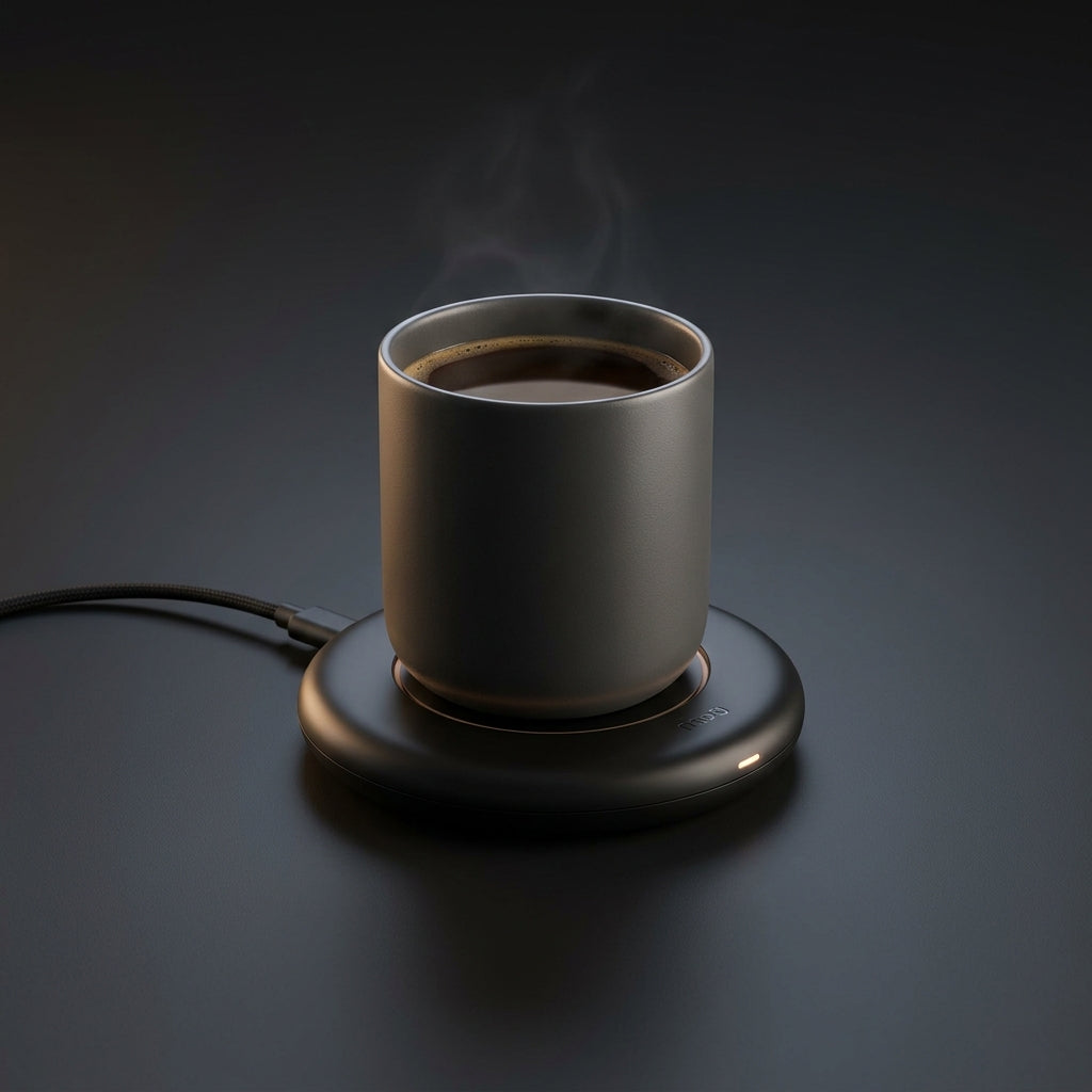 Chauffe-Tasse USB Coco Market, design matte noir, fond sombre
